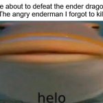sadd wen it hapins | Me about to defeat the ender dragon:
The angry enderman I forgot to kill | image tagged in fish helo | made w/ Imgflip meme maker