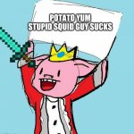 Techno says | POTATO YUM STUPID SQUID GUY SUCKS | image tagged in technoblade holding sign | made w/ Imgflip meme maker
