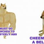 But who's having a better time? | NOW I MUST DO 200 CRUNCHES TO KEEP MY STEELY ABS; CHEEMS NEEDS A BELLY RUB | image tagged in buff dog vs small dog,exercise,fun | made w/ Imgflip meme maker