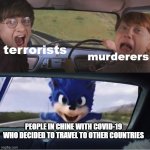 why | terrorists; murderers; PEOPLE IN CHINE WITH COVID-19 WHO DECIDED TO TRAVEL TO OTHER COUNTRIES | image tagged in sonic chasing harry and ron | made w/ Imgflip meme maker