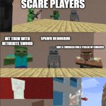 Scary Villager | WE NEED TO SCARE PLAYERS; SPAWN HEROBRINE; HIT THEM WITH NETHERITE SWORD; GIVE A EMERALD FOR A STACK OF CHICKEN | image tagged in minecraft boardroom meeting | made w/ Imgflip meme maker