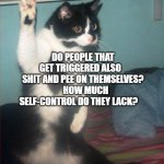 question cat | DO PEOPLE THAT GET TRIGGERED ALSO    SHIT AND PEE ON THEMSELVES?    HOW MUCH SELF-CONTROL DO THEY LACK? | image tagged in question cat | made w/ Imgflip meme maker