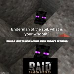 RAID ENDER LEGENDS | I WOULD LIKE TO GIVE A WORD FROM TODAY'S SPONSOR, | image tagged in enderman of the soil,minecraft,enderman,raid shadow legends | made w/ Imgflip meme maker