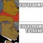 memes | YOU'RE DUMPED; YOU'RE PROMOTED TO FRIENDS | image tagged in pooh regular vs posh | made w/ Imgflip meme maker