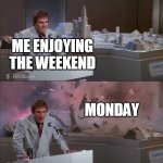 Uncle Martin's Model Exploding | ME ENJOYING THE WEEKEND; MONDAY | image tagged in uncle martin's model exploding,memes,mondays | made w/ Imgflip meme maker