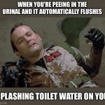 when you're peeing in the urinal and it flushes - splashing toilet water on you | WHEN YOU'RE PEEING IN THE URINAL AND IT AUTOMATICALLY FLUSHES; SPLASHING TOILET WATER ON YOU | image tagged in she slimed me,funny,memes,meme,funny memes,yuck | made w/ Imgflip meme maker