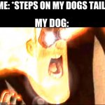 Deep fried mr. Incredible  | ME: *STEPS ON MY DOGS TAIL*; MY DOG: | image tagged in deep fried mr incredible | made w/ Imgflip meme maker