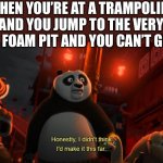 I almost died this way a few weeks ago | WHEN YOU’RE AT A TRAMPOLINE PARK AND YOU JUMP TO THE VERY PACK OF THE FOAM PIT AND YOU CAN’T GET OUT | image tagged in honestly i didn't think i'd get this far - kung fu panda | made w/ Imgflip meme maker