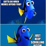 Dory | KNOW WHAT YOU GOTTA DO WHEN MEMES OFFEND YOU? JUST KEEP SCROLLING BITCH! | image tagged in dory | made w/ Imgflip meme maker