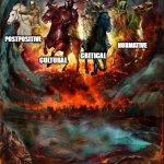 4 horsemen of comms research | THE 4 HORSEMEN OF COMMS RESEARCH; POSTPOSITIVE; NORMATIVE; CRITICAL; CULTURAL | image tagged in the four horsemen of the apocalypse | made w/ Imgflip meme maker