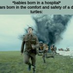 turtals need some respect | *babies born in a hospital*
*bears born in the comfort and safety of a den*
turtles: | image tagged in the schofield run from sam mendes 1917 | made w/ Imgflip meme maker