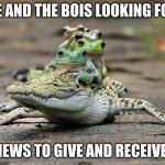 frog riding croc | ME AND THE BOIS LOOKING FOR; VIEWS TO GIVE AND RECEIVE | image tagged in frog riding croc | made w/ Imgflip meme maker