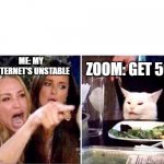 Unstable Internet | ZOOM: GET 5G; ME: MY INTERNET'S UNSTABLE | image tagged in women upset at cat,covid | made w/ Imgflip meme maker