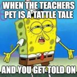 Funny Face Spongebob | WHEN THE TEACHERS PET IS A TATTLE TALE; AND YOU GET TOLD ON | image tagged in funny face spongebob | made w/ Imgflip meme maker