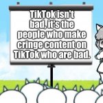 [insert protesting title here] | TikTok isn't bad, it's the people who make cringe content on TikTok who are bad. | image tagged in moneko protest,battle cats | made w/ Imgflip meme maker
