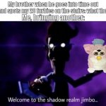 Welcome to the shadow realm jimbo | My brother when he goes into time out and spots my 20 furbies on the stairs: what the-; Me, bringing another: | image tagged in welcome to the shadow realm jimbo | made w/ Imgflip meme maker