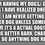 Blank grey | AFTER HAVING MY DOGS/ GIANT BABIES I HAVE REALIZED ONE THING; I AM NEVER GETTING ANOTHER DOG UNLESS SOMEONE CAN PROVE IT’S A ACTUAL DOG!! THAT THING BETTER BARK, CHASE HIS TAIL OR DO ANYTHING DOG RELATED!! | image tagged in blank grey | made w/ Imgflip meme maker