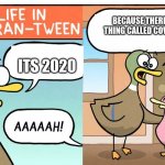 2020 in a nutshell | BECAUSE THERES A THING CALLED COVID-19; ITS 2020; WHYS EVERYONE COUGHING | image tagged in life in quaran-tween | made w/ Imgflip meme maker