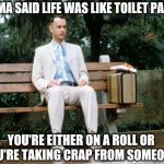 Mama's jems. | MAMA SAID LIFE WAS LIKE TOILET PAPER YOU'RE EITHER ON A ROLL OR YOU'RE TAKING CRAP FROM SOMEONE | image tagged in forrest gump | made w/ Imgflip meme maker