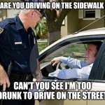 Drunk driving  | WHY ARE YOU DRIVING ON THE SIDEWALK SIR? CAN'T YOU SEE I'M TOO DRUNK TO DRIVE ON THE STREET | image tagged in drunk driving | made w/ Imgflip meme maker