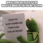 Kermit How to slap someone through the internet | WHEN SOMEONE ASKS IF YOU WANT TO MAKE A TIK TOK WITH THEM | image tagged in kermit how to slap someone through the internet | made w/ Imgflip meme maker