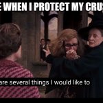 Minerva McGonagall and Still Trelawney | ME WHEN I PROTECT MY CRUSH | image tagged in harry potter,memes | made w/ Imgflip meme maker