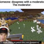 Wow that's so weird they just disappeared | Someone: disagrees with a moderator
The moderator: | image tagged in wow that's so weird they just disappeared | made w/ Imgflip meme maker