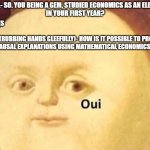 oui | PANEL- SO. YOU BEING A GEM, STUDIED ECONOMICS AS AN ELECTIVE
 IN YOUR FIRST YEAR? ME- YES; PANEL(RUBBING HANDS GLEEFULLY)- HOW IS IT POSSIBLE TO PROVIDE 
CAUSAL EXPLANATIONS USING MATHEMATICAL ECONOMICS? | image tagged in oui | made w/ Imgflip meme maker