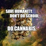 another space weed | SAVE HUMANITY.                  DON'T DO SCHOOL. DO CANNABIS. | image tagged in another space weed | made w/ Imgflip meme maker