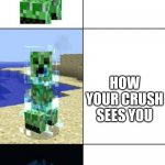 Minecraft creeper template | HOW YOUR MOM SEES YOU; HOW YOUR CRUSH SEES YOU; HOW UOU SEE YOUR SELF | image tagged in minecraft creeper template | made w/ Imgflip meme maker