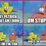 hey patrick what am i | UM STUPID; HEY PATRICK WHAT AM I NOW; WHATS THE DIFFERENCE; NO IM TIK TOK | image tagged in hey patrick what am i | made w/ Imgflip meme maker