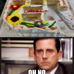 Guy who took that photo probably lives with sadists | OH NO | image tagged in irritated,memes,birthday,birthday cake | made w/ Imgflip meme maker