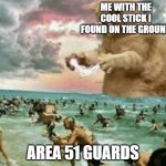 Idk what to title this | ME WITH THE COOL STICK I FOUND ON THE GROUND; AREA 51 GUARDS | image tagged in cat terrorizing beach | made w/ Imgflip meme maker