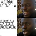 Grammerly | YOU GOT GRAMMARLY; YOU HAVE TO PAY 11.99 FOR ALL THE FEATURES | image tagged in happy but then no | made w/ Imgflip meme maker