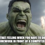 Homework Sucks | THAT FEELING WHEN YOU HAVE TO DO YOUR HOMEWORK IN FRONT OF A COMPUTER SCREEN | image tagged in raging hulk | made w/ Imgflip meme maker