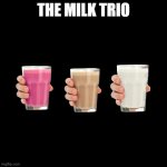 Black Blank | THE MILK TRIO | image tagged in black blank,straby milk,choccy milk,milk | made w/ Imgflip meme maker