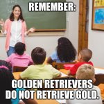 Teachers explaining the non-obvious. | REMEMBER:; GOLDEN RETRIEVERS DO NOT RETRIEVE GOLD. | image tagged in golden retriever,gold,teachers | made w/ Imgflip meme maker