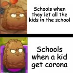 Schools in a Primal nutshell | Schools when they let all the kids in the school; Schools when a kid get corona | image tagged in primal wall-nut's reaction | made w/ Imgflip meme maker