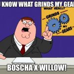 Peter Griffin - Grind My Gears | YOU KNOW WHAT GRINDS MY GEARS? BOSCHA X WILLOW! | image tagged in peter griffin - grind my gears | made w/ Imgflip meme maker