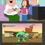 Peter Griffin Playing Hulk (2003) | image tagged in peter griffin play a,xbox,hulk,family guy,video games | made w/ Imgflip meme maker