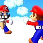 Mario’s pointing at each other | THE BROTHER WHO IS A TWIN; HIS BRO | image tagged in mario s pointing at each other | made w/ Imgflip meme maker