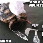 Cooking Turtle | WHAT WOULD YOU LIKE TO EAT; MMMMMM | image tagged in cooking turtle | made w/ Imgflip meme maker