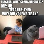 uhhhh i can explain | TEACHER: WHAT COMES BEFORE 47? ME: 46; TEACHER: THEN WHY DID YOU WRITE AK? | image tagged in cat teacher,ak,47,ak47,cat | made w/ Imgflip meme maker