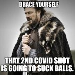 Covid Shot | THAT 2ND COVID SHOT IS GOING TO SUCK BALLS. | image tagged in brace yourself | made w/ Imgflip meme maker
