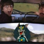 Two men in a car driving away from tom on a rocket meme