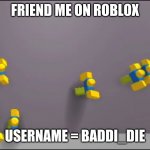 Roblox Noobs | FRIEND ME ON ROBLOX; USERNAME = BADDI_DIE | image tagged in roblox noobs | made w/ Imgflip meme maker