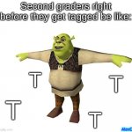 Wait, that doesn't count, I was on T | Second graders right before they get tagged be like:; T; T; T; T; AlexCJ | image tagged in shrek t pose,t pose,relatable,nostalgia,funny memes,dank memes | made w/ Imgflip meme maker