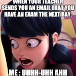 MLB Marinette | WHEN YOUR TEACHER SENDS YOU AN EMAIL THAT YOU HAVE AN EXAM THE NEXT DAY:; ME : UHHH-UHH AHH | image tagged in miraculous lb marinette | made w/ Imgflip meme maker