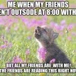 my fans are my friends too <3 | ME WHEN MY FRIENDS AREN'T OUTSIDE AT 8:00 WITH ME BUT ALL MY FRIENDS ARE  WITH ME 
AND THE FRIENDS ARE READING THIS RIGHT NOW <3 | image tagged in memes,baby insanity wolf | made w/ Imgflip meme maker