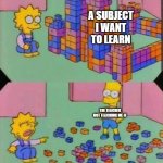 my first meme | A SUBJECT I WANT TO LEARN; THE TEACHER NOT TEACHING ME IT | image tagged in bart breaks lisa's castle | made w/ Imgflip meme maker